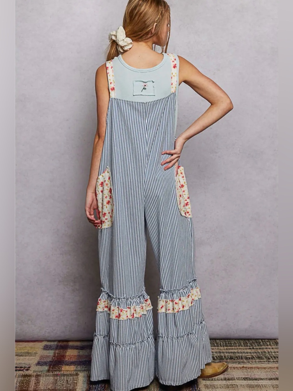 POL Blue + White Striped Floral-Pocket Ruffle Jumpsuit - Picture 5 of 9